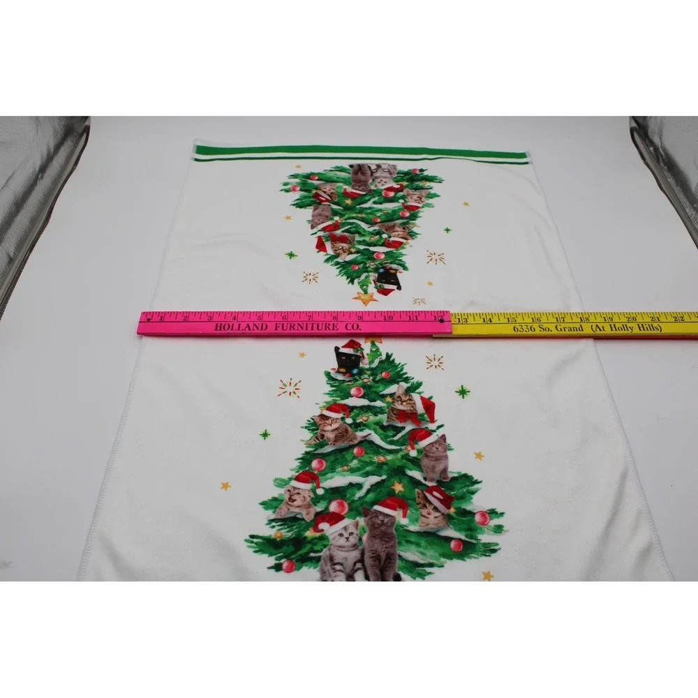 Unbranded Christmas Kitchen Towels White Green Cat Kitten Tree Holiday Set 2